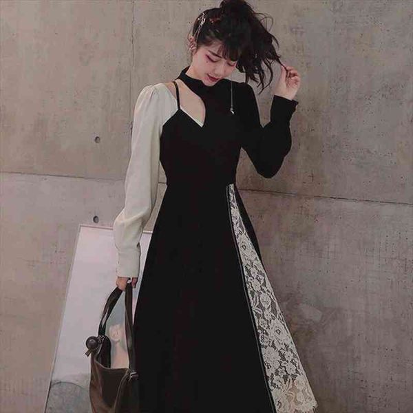 

spring design one piece womens dress korea casual long sleeve lace elegant vintage women fake two midi y2k, Black;gray