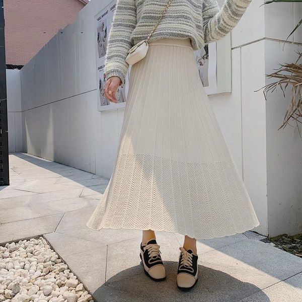 

skirts 2021 winter spring pleated skirt women high waisted knitted for hollow out elegant long female midi, Black