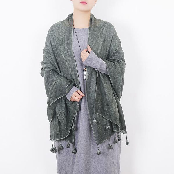 

bandanas women autumn winter soft cotton scarves retro tassels solid color 185x90 shawls female thin wraps hijab beach holiday scarf, Blue;gray
