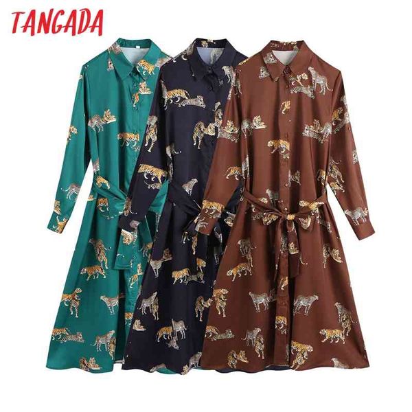 Mulheres tigre impressão camisa vestido com slash vintage manga comprida girar colarinho feminino elegante midi vestidos be346 210416