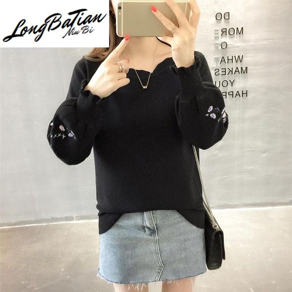 

women's sweaters turtleneck embroidery pullover knitted women big size puff sleeve warm knitwear autumn harajuku knit sweater female, White;black