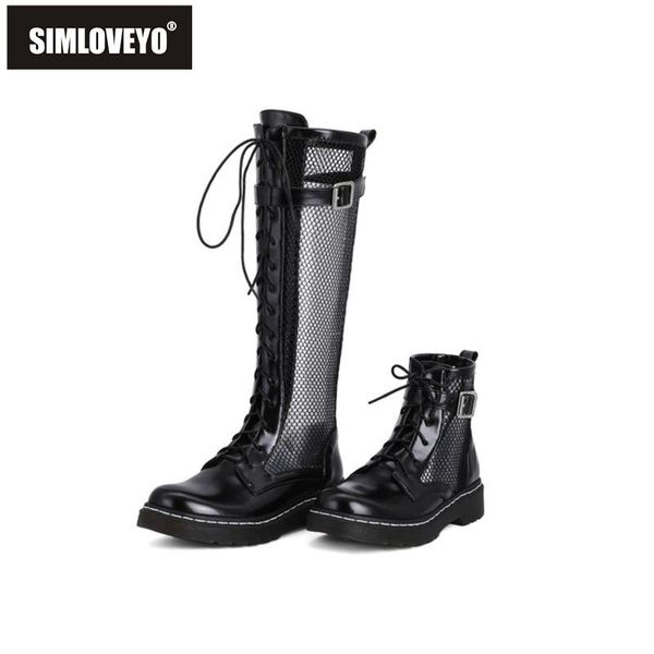 

summer cool womens knee high boots shoes mesh hollow round toe lace up 3.5cm square heels big size 34-43 a4151, Black