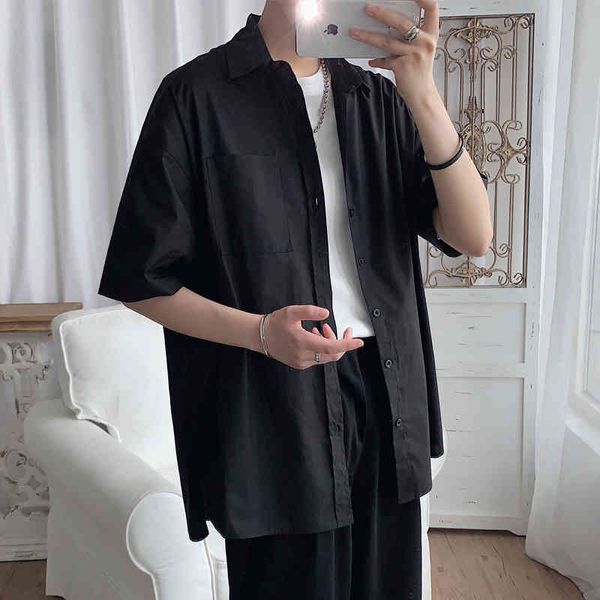 

ewq / men's wear casual oversize black white short sleeve shirt summer loose all-match single breasted 9y2297, White;black