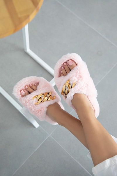 

slippers autumn winter women buckled puff fashion faux fur warm shoes slip on flats female colorful flip flops indoor, Black