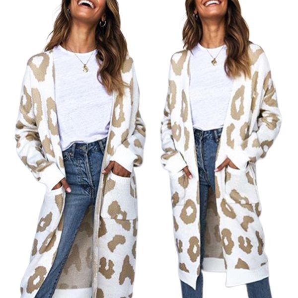 

leopard print pocket female knit cardigan gilet femme mancme long sleeve sweater, White;black