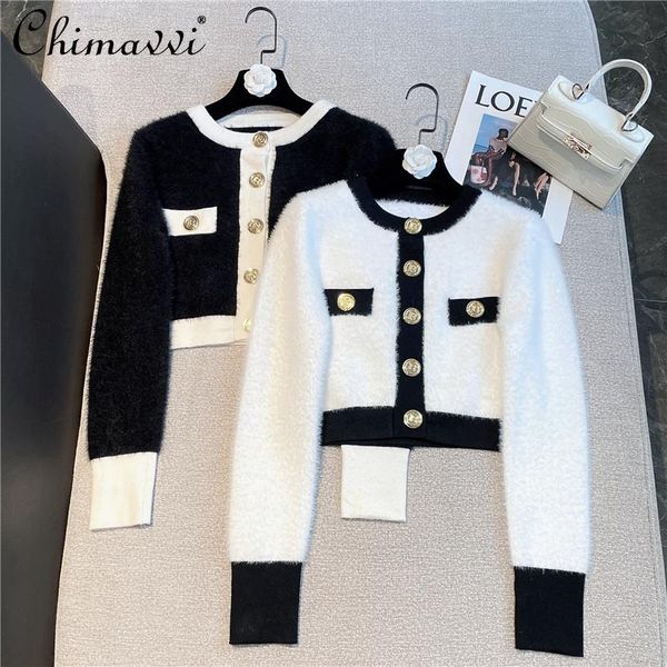 

women's jackets high street casual slim round neck long sleeves brass buckle color contrast coat 2021 winter knitted cardigan for women, Black;brown