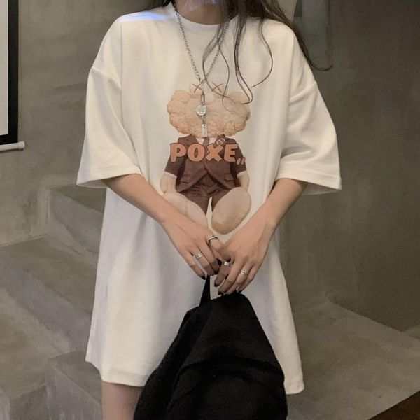 

women's t-shirt 2021 summer round neck cartoon print cute short-sleeved loose and thin college style, White