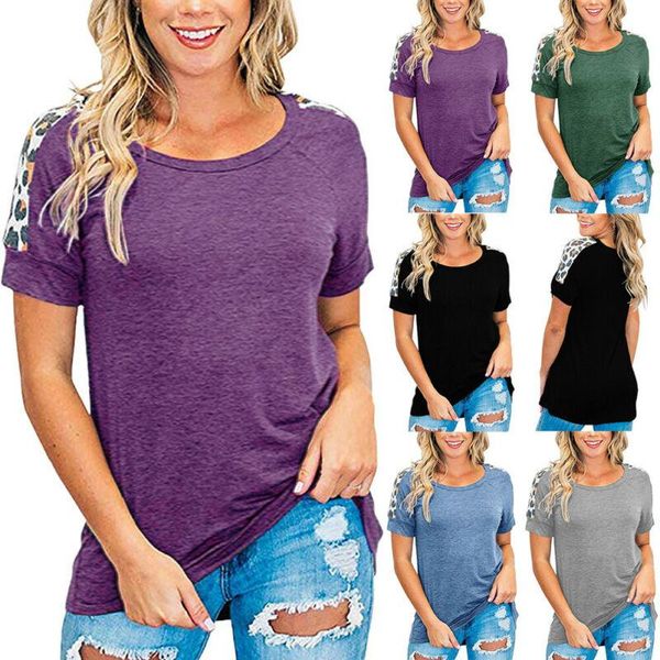 

women's t-shirt women t shirts summer office leopard printed patchwork short sleeve o-neck loose casual tees, White