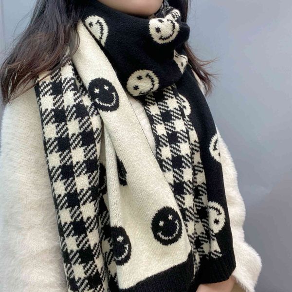 

scarves f023 autumn and winter 2021 wool scarf black white color matching smiling face lattice scarf warm foreign style bib, Blue;gray