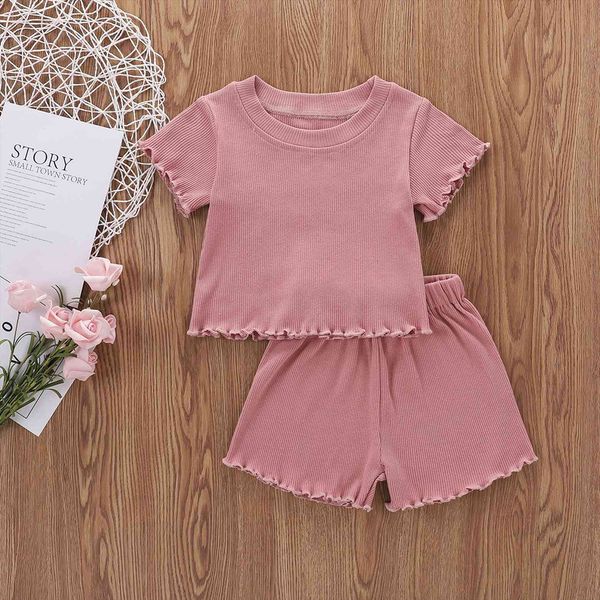 

toddler baby clothes summer suit solid color ribbed o neck short sleeves elastic waist shorts 2pcs outfits boy girl, White