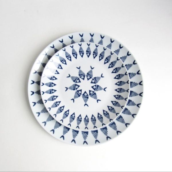 

dishes & plates round square creative blue fish decorative ceramic plate set steak pasta salad serving kitchen tableware