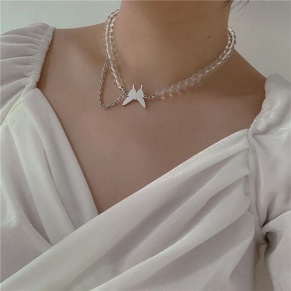 

pendant necklaces metal butterfly shape punk style necklace simple transparent crystal beads asymmetric silver color choker female