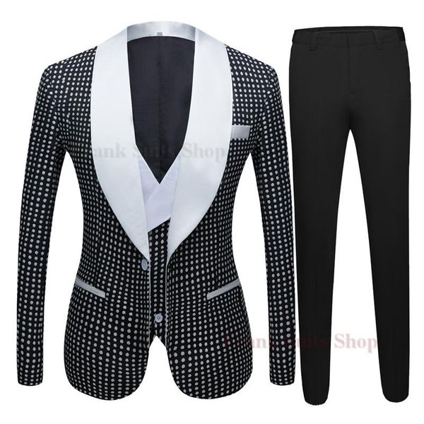 Dots xadrez pretos Men Suits 3pcs para casamentos Smoks Smoking Tuxedos Jacket com calças Moda Men Blazers