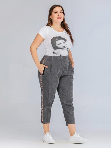

plus size pants wide summer 2021 4xl solid color pattern button leopard print edge casual loose gray cropped trousers street, Black
