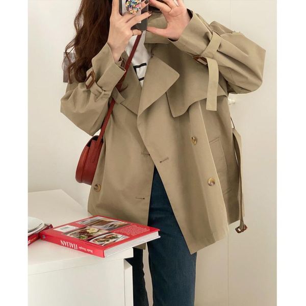 

women's trench coats [ewq] korea khaki coat women autumn 2021 laple loose lace up waist double breasted long sleeve short windbreaker, Tan;black