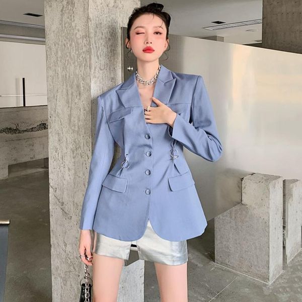 

women's suits & blazers [ewq] temperament blue iron hoop collect waist women autumn winter 2021 notched single breasted suit jacket 16r, White;black