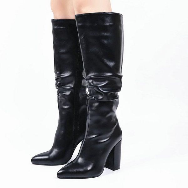 

boots 2021 pleated faux leather winner women fashion pointed toe comfortable square heel side zipper fall knee high, Black