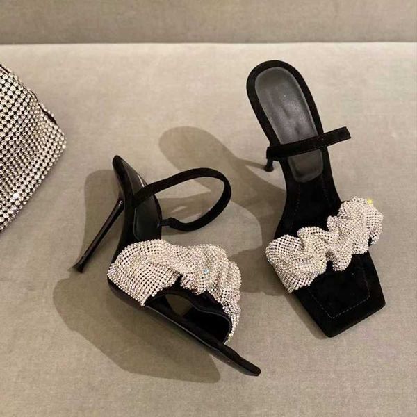 

sandals european-american women's diamond-studded high-heeled square toe hollow stiletto high-heel wedding shoes 2021, Black