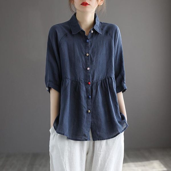 

women's blouses & shirts johnature women linen turn-down collar half sleeve color button blouse 2021 summer solid vintage loose shirt, White