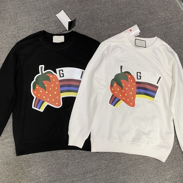 

mens and womens hoodies round neck long-sleeved t-shirt couples jacket strawberry cartoon print s-5x, Black