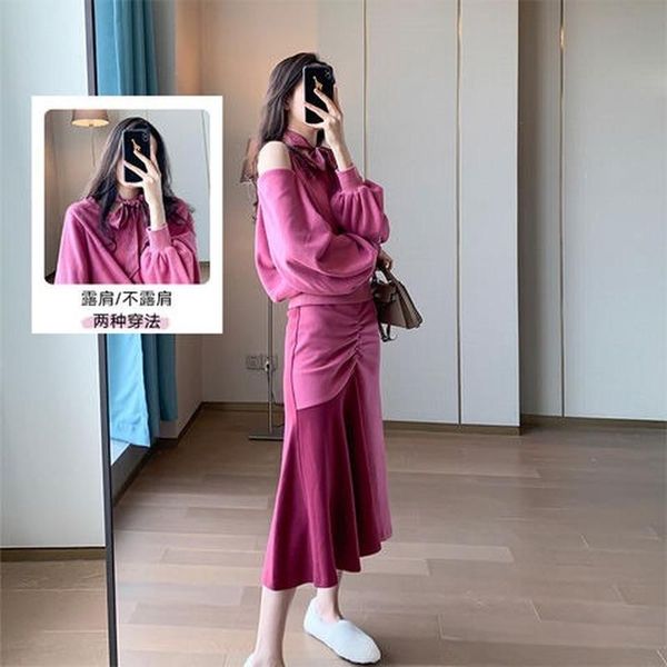 

women's tracksuits 2021 two piece set women loose korean style autumn winter coat stitching plated fishtail skirt suit matching sets fo, Gray