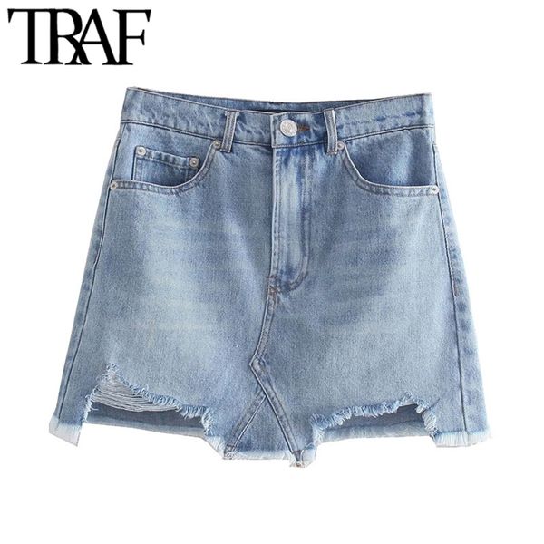 

women chic fashion with pockets frayed tassel denim mini skirts vintage high waist zipper fly female mujer 210507, Black