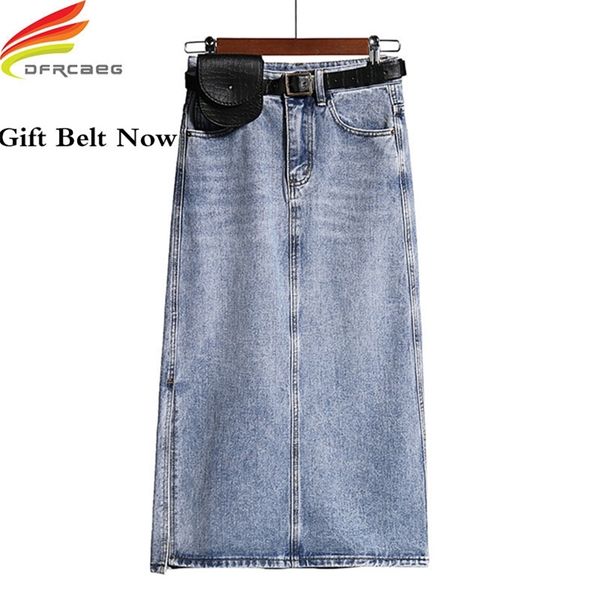 Langer Jeansrock Frauen Street Wear Hohe Taille Jeans mit Gürtel Gerade A-Linie Bleistift Eleganter Sommerverkauf 210629