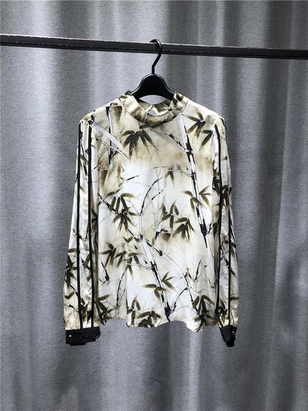 

tshirt women fashion pure silk half high collar long sleeve pullover 2021 style in spring and summer bamboo leaf pattern women's t-shir, White