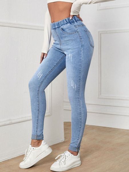 

elastic waist slant pocket jeans q9q1#, Blue