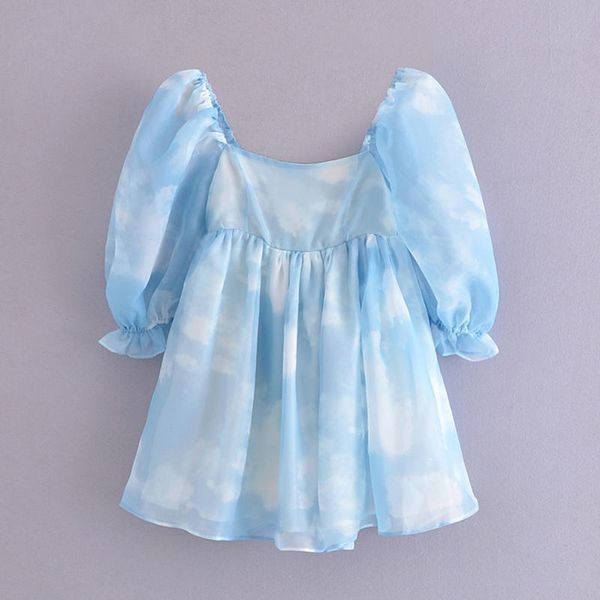 

party dresses blue sky tie-dye organza princess square neck puff sleeve high waist mini dress summer refreshing women's vestidos 2021, White;black