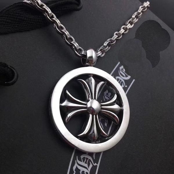 

hollowed out ring cross croquet copper trendy men's versatile sweater chain old pendant, Silver
