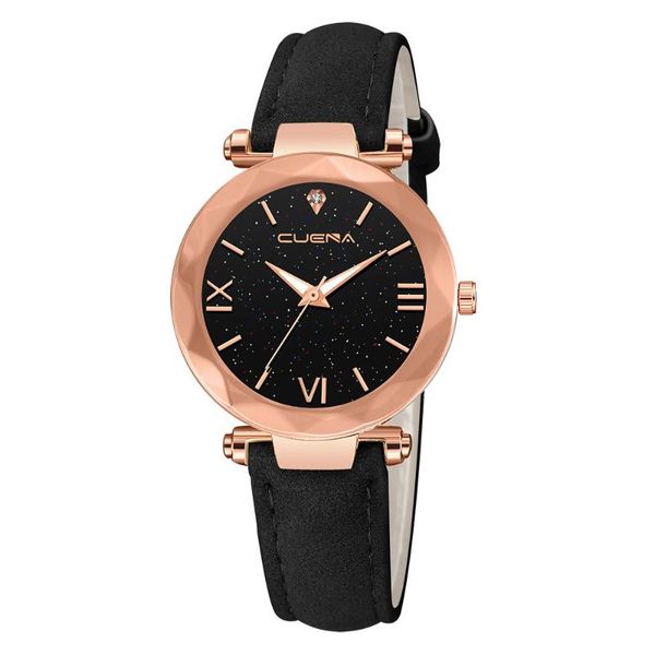 

wristwatches women watch fashion leather band ladies quartz wrist starry sky round dial roman number rhinestone, Slivery;brown