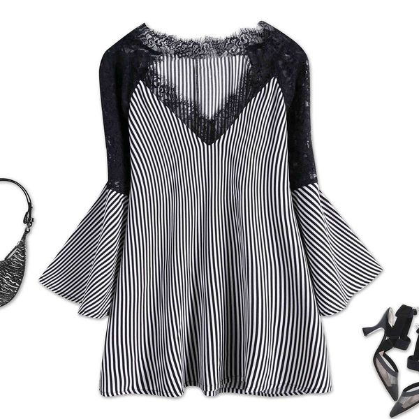 

women's plus size hy365064# stripe v-ne long sleeve t-shirt loose large simple top