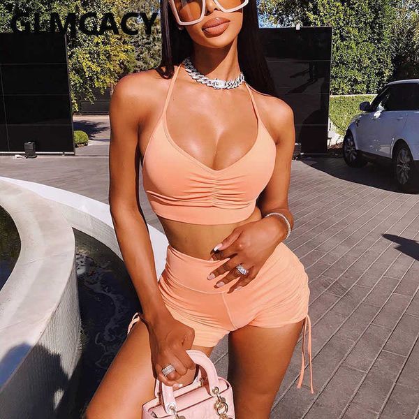 

two piece sets women halter & bodycon pleated shorts bikini suit 210702, White