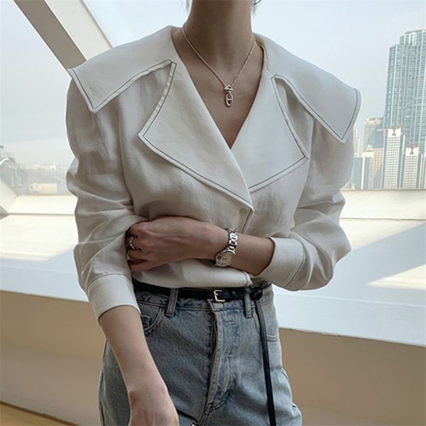 

korean chic button cotton white shirt women turn-down collar long sleeve solid loose blouse casual clothing 13823 210421