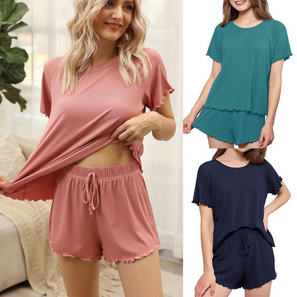 

women's tracksuits lulu yoga suit sport wear2021 summer solid short sleeve wooden ear edge girls' ins style home, Gray