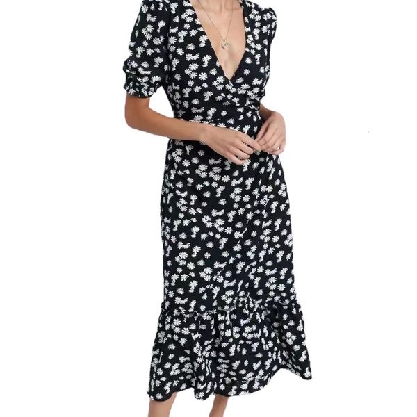 

2021 summer short sleeve v-neck split ruffle stitching print s, Black;gray