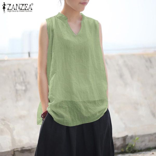 

women's blouses & shirts zanzea fashion summer sleeveless blouse casual women tanks elegant v neck solid shirt cotton linen blusa vest, White