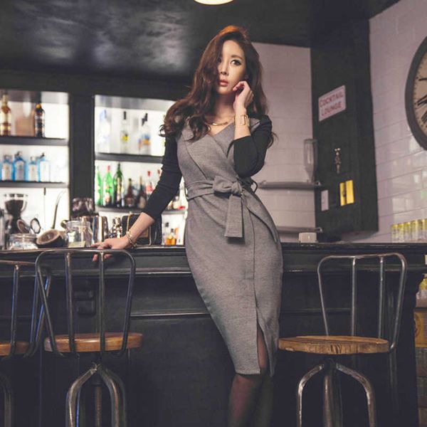

long sleeve office dresses women patchwork v-neck bandage bodycon sashes slim party vestidos 210529, Black;gray