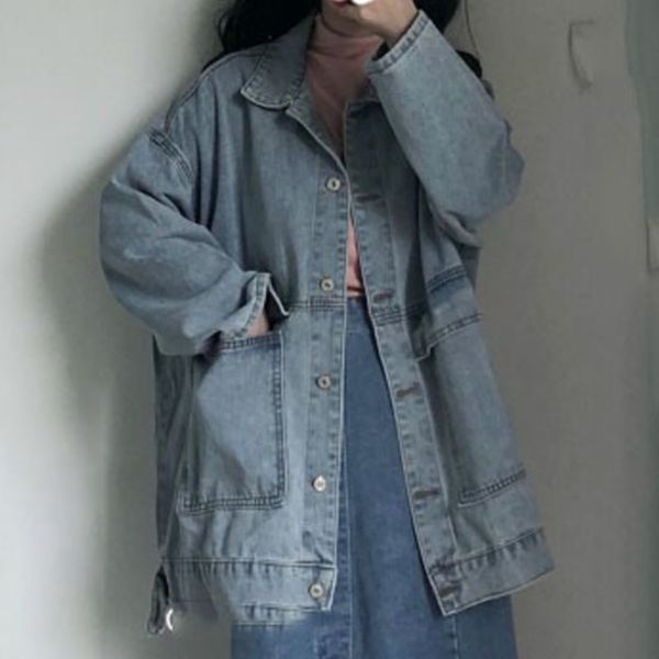 

spring female turn down collar single breasted long-sleeved minimalist solid color denim jacket cardigan coat 8y253 210510, Black;brown