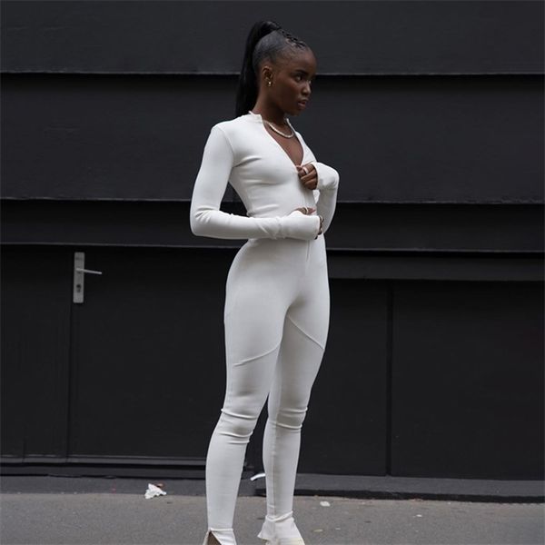 

casual fitness sporty rompers womens jumpsuits workout zipper activewear long sleeve skinny solid jumpsuits autumn, Black;white