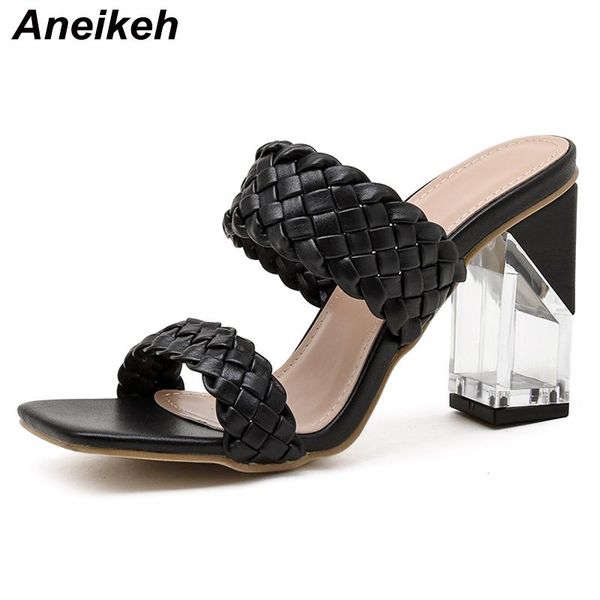 

aneikeh fashion retro pu slippers mules summer square heels sandals pumps women's shoes checkered zapatos de mujer 2021, Black