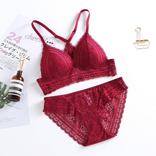

bras sets thin cotton rimless bra set lace triangle cup lingerie 9201, Red;black