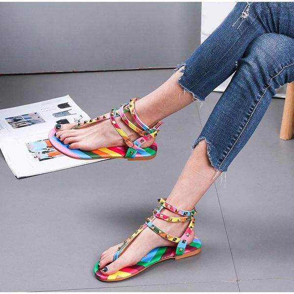 

women's rivets sandals ladies ankle buckle shoes female candy color t strap flip flop beach casual footwear plus size, Black