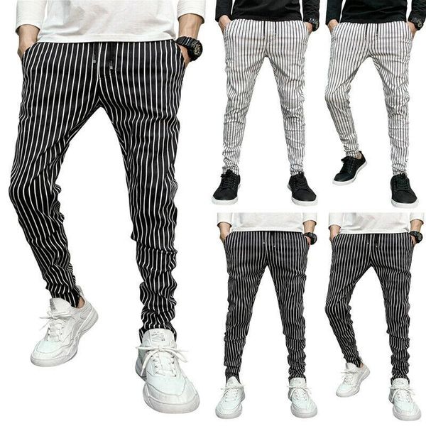 

men's pants 2021 high wasit spring summer fashion pocket men slim fit stripe straight leg casual pencil jogger, Black