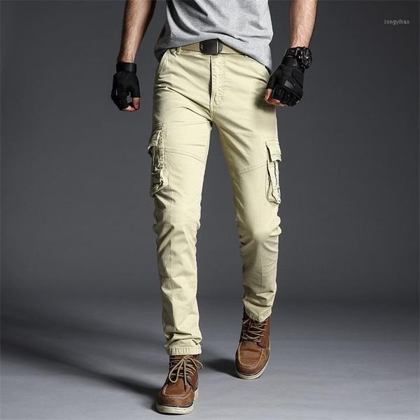 

men's pants cargo 2021 men outwear army straight slacks long trousers military elasticated casual multi-pocket for, Black