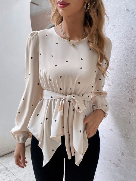 

heart print lantern sleeve hanky hem belted blouse i2yp#, White