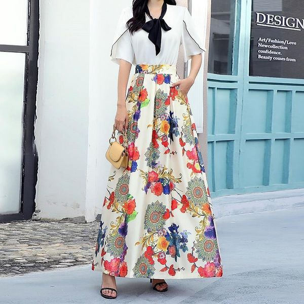 

fashion maxi stain elastic stretch womens skirt waist floral summer fluffy pleated plus size, Black