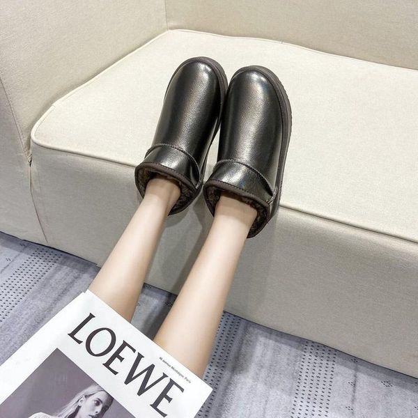 

boots warm women 2021 winter women's shoes bright leather thick-soled student fashion snow, Black