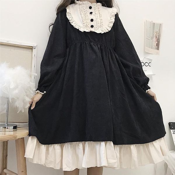 

japanese style autumn o neck womens dresses high waist slimming contrast color ruffled sweet lolita dress kawaii clothing, Black;gray